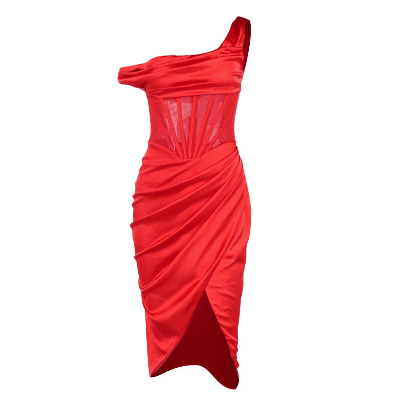 Draped One-Shoulder Midi Dress