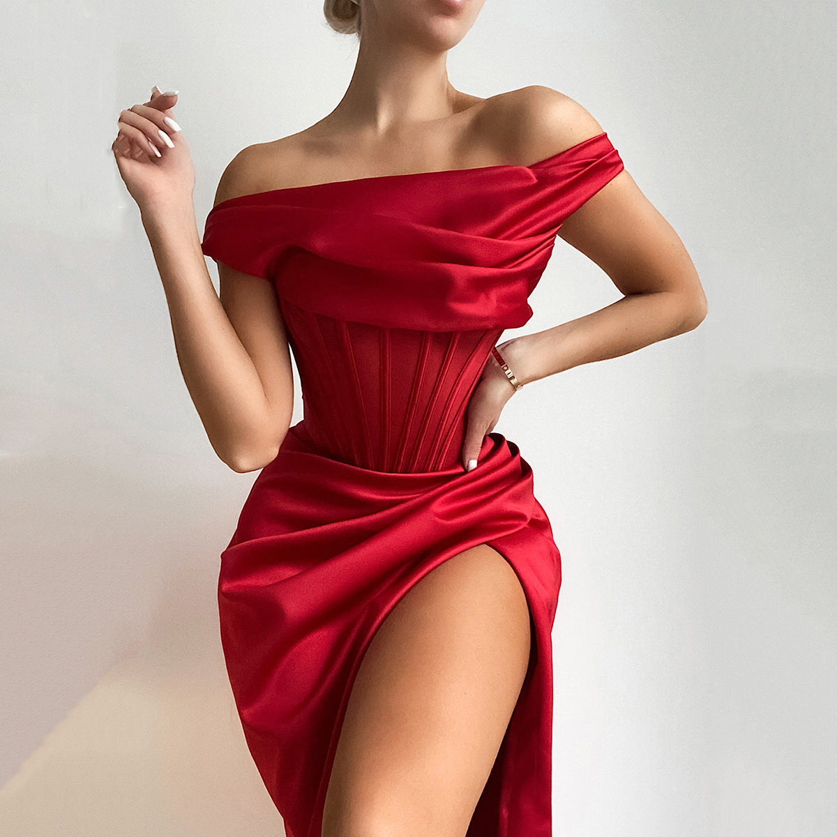 Draped One-Shoulder Midi Dress