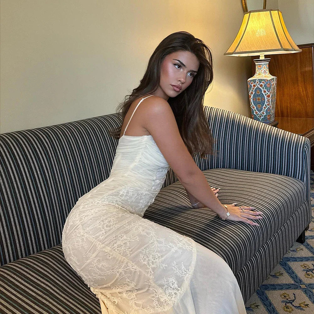 Ruched Lace Maxi Dress