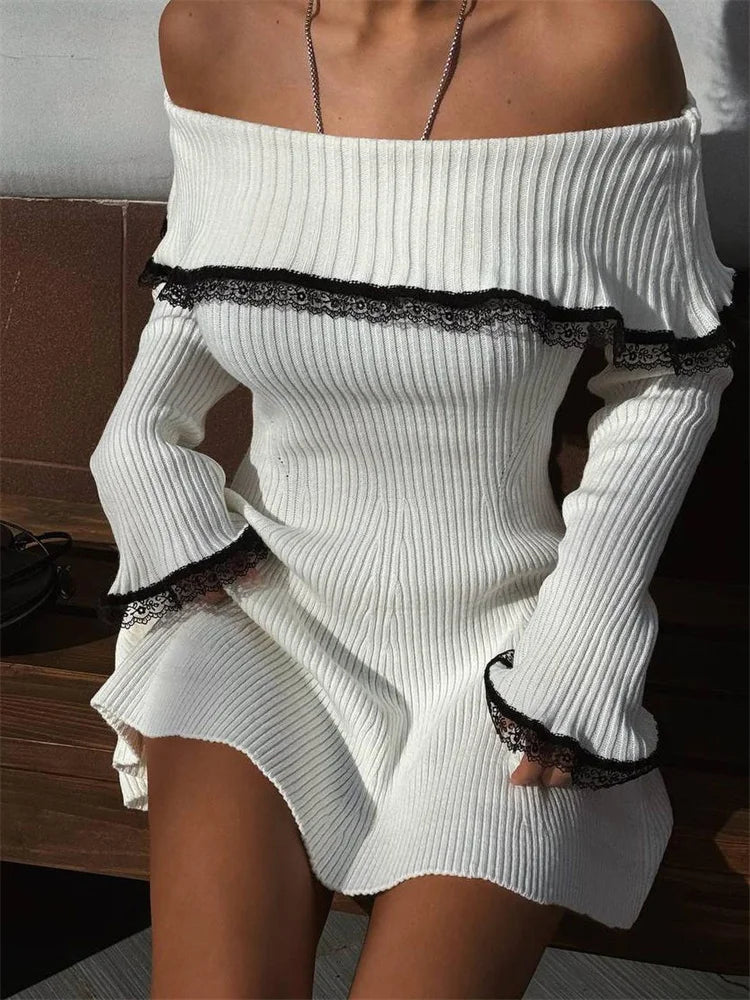 Contrast-Lace Off-Shoulder Mini Dress | Vesper