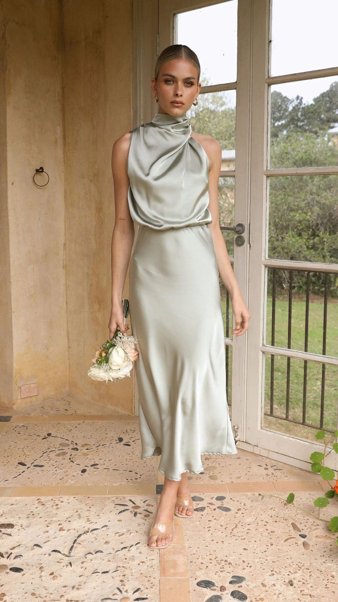 Elegant High Neck Dress - Light Gold