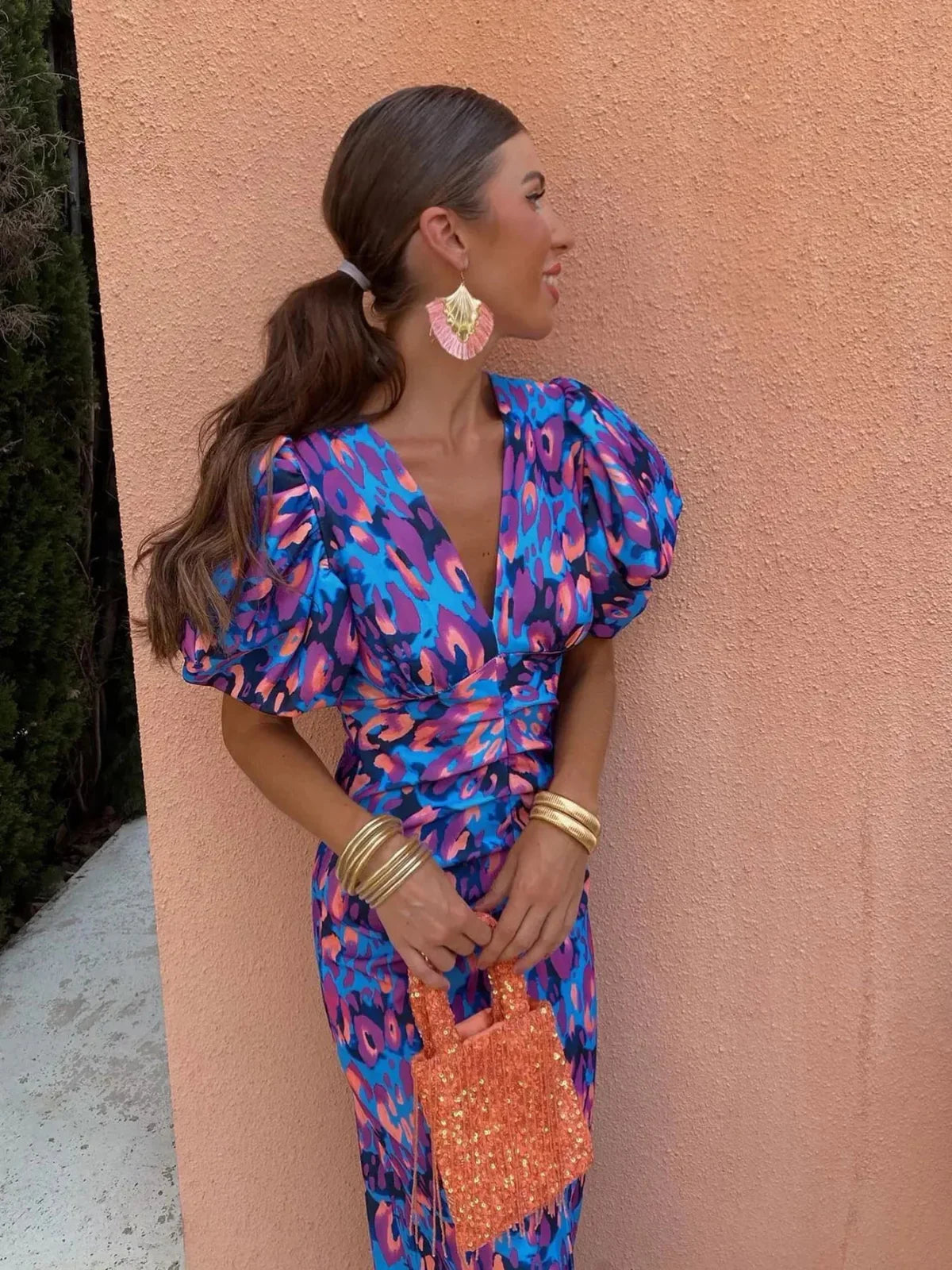 Colorful Dress with Pleated Sleeves