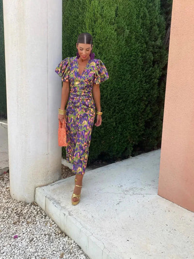Colorful Dress with Pleated Sleeves