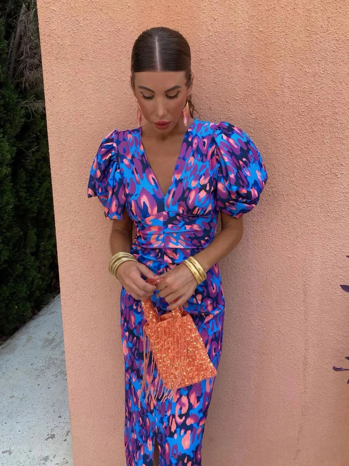 Colorful Dress with Pleated Sleeves