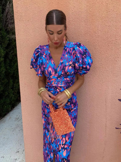 Colorful Dress with Pleated Sleeves