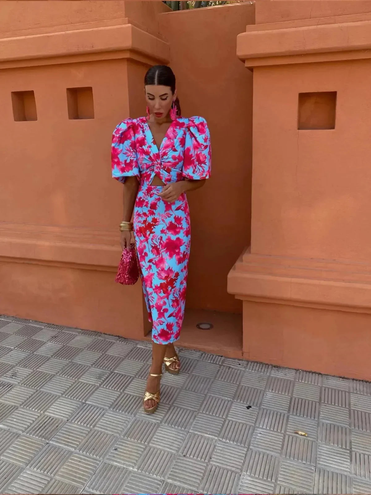 Colorful Dress with Pleated Sleeves